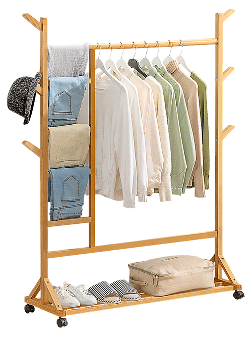 Portable Bamboo Clothes Rack with Garment Rail, Storage Shelves & Rolling Wheels