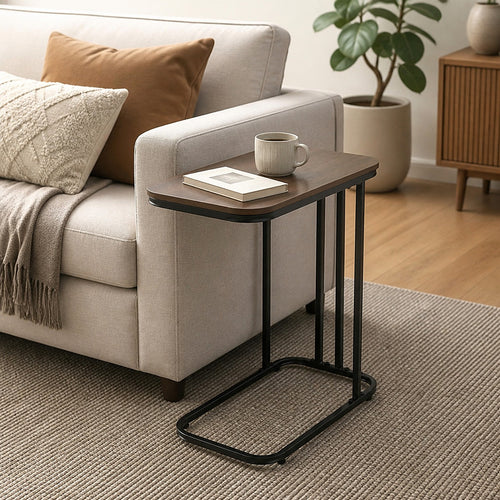 C-Shaped Side Table with Slate Top for Living Room & Bedroom