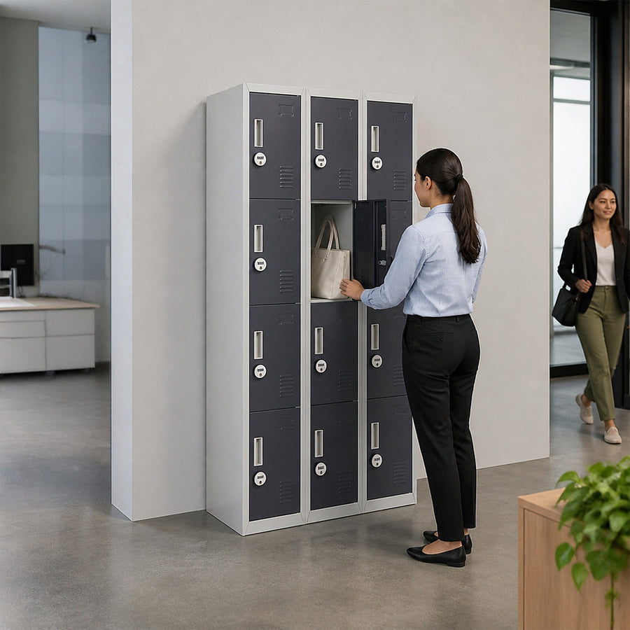 12-Door Steel Locker – Grey with Charcoal Door, 4-Digit Combination Lock