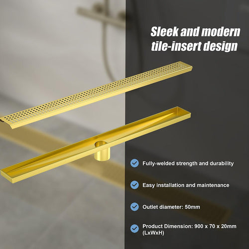 90cm Bathroom Shower Brushed Brass Grate Drain w/ Centre outlet Floor Waste