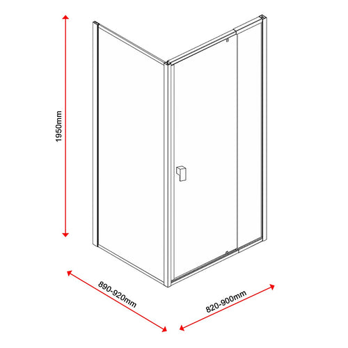 Adjustable Semi Frameless Shower Screen Front: (82~90)x195cm with Gold Hardware and Side: (89~92)x195cm