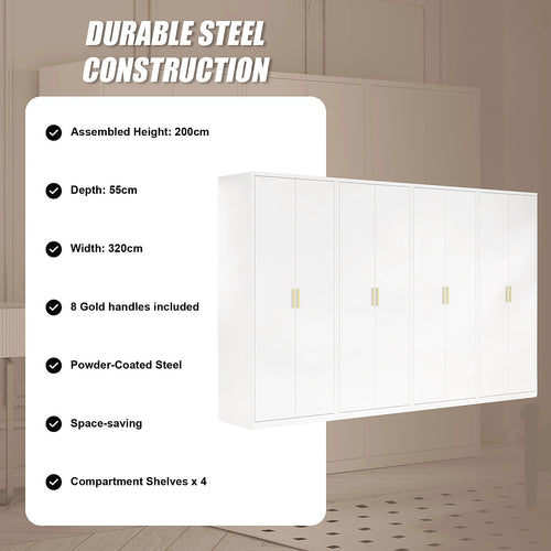 320x200cm 8-Door White Steel Shelf Wardrobe with Gold Handle Storage Cabinet