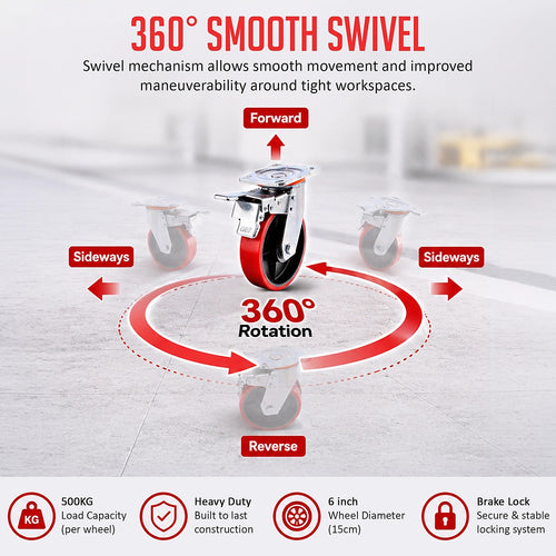 4 Pack 6 Inch Castor Wheels Heavy Duty 500kg Swivel with Brake