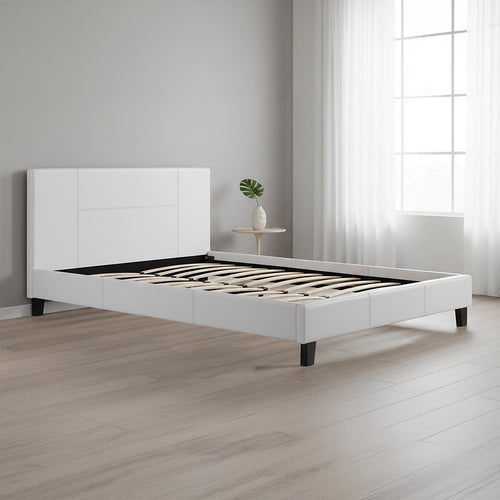 Queen Size Bed Frame with Headboard – White PU Leather