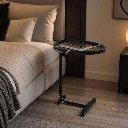C-Shaped Side Table – Black Faux Marble for Small Spaces