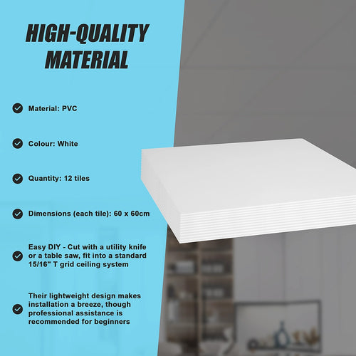 12pc 60x60cm Smooth PVC Drop Ceiling Tiles – Durable Panels for Office & Home