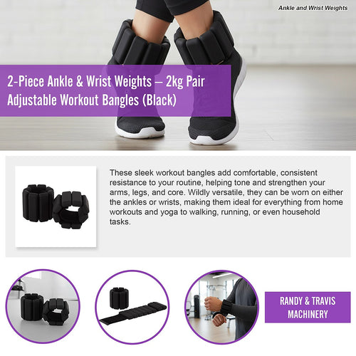 2-Piece Ankle & Wrist Weights – 2kg Pair Adjustable Workout Bangles Black for Fitness Training