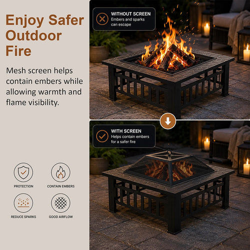 Square Fire Pit – Metal Design with Mesh Screen Lid & Poker