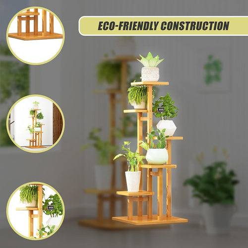 5 Tiers Vertical Bamboo Plant Stand Staged Flower Shelf Rack Outdoor Garden - Wood