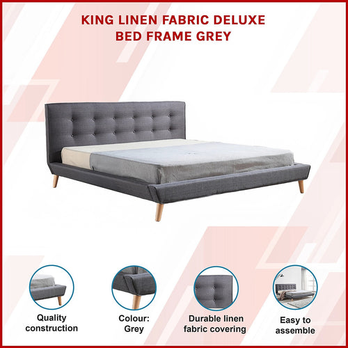 King Linen Fabric Bed with Button Tufted Headboard - Grey
