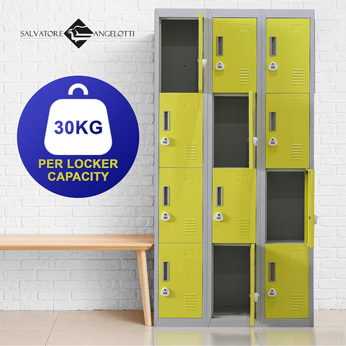 12-Door Locker – Grey with Yellow Door with 3-Digit Combination Lock | Secure Storage for Office, Gym or School Use