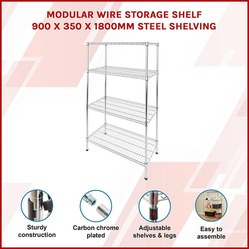 Modular Wire Storage Shelf 900 x 350 x 1800mm Steel Shelving - Carbon Chrome Plated