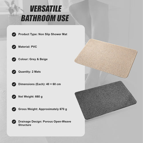 Non Slip Shower Mat 2 Pack Fast Draining PVC Bathroom Mats Beige & Grey