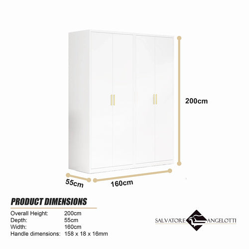 160x200cm 4-Door White Steel Shelf Wardrobe with Gold Handle Storage Cabinet