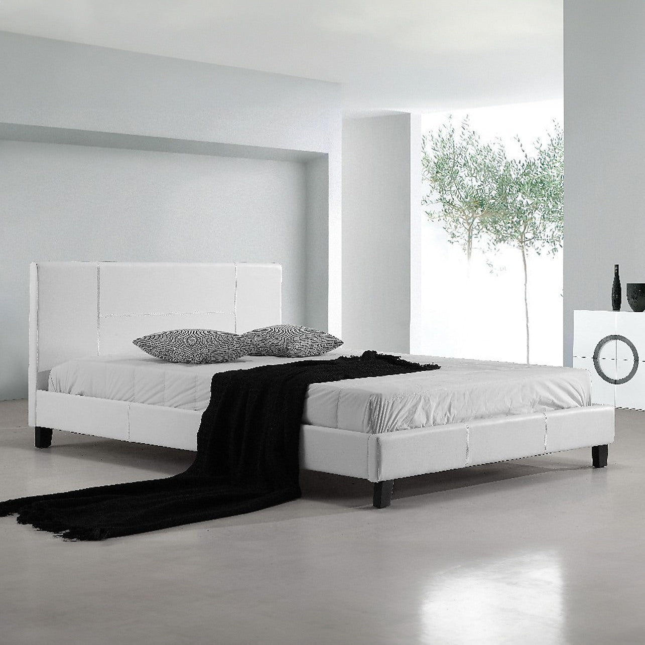 White leather deals queen bed frame