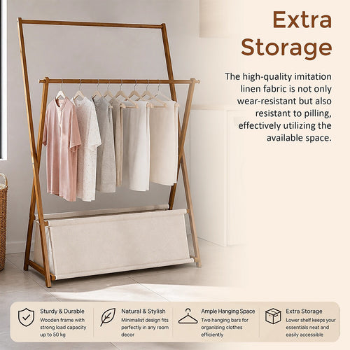 100x155cm Freestanding Clothes Rail Garment Rack in Dark Wood with Storage Shelf – Stylish, Space-Efficient Organiser