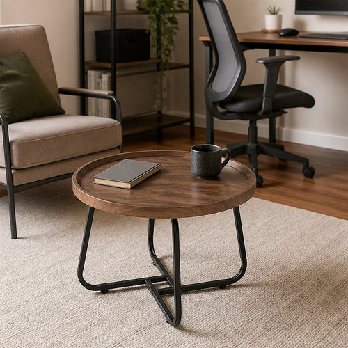 Round Side Table with Wood-Look Tray Top & Black Frame