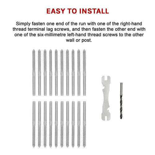 Stainless Steel DIY Rope Balustrade Kit 3.2mm Swage 2 x Lag Screw Term - 10 pack