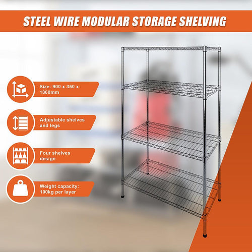 Modular Wire Storage Shelf 900 x 350 x 1800mm Steel Shelving - Carbon Chrome Plated
