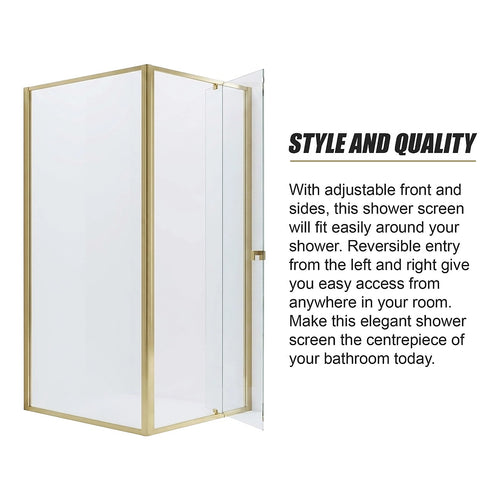 Adjustable Semi Frameless Shower Screen Front: (82~90)x195cm with Gold Hardware and Side: (98~101)x195cm