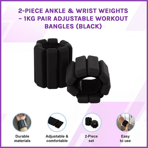 2-Piece Ankle & Wrist Weights – 1kg Pair Adjustable Workout Bangles Black for Fitness Training