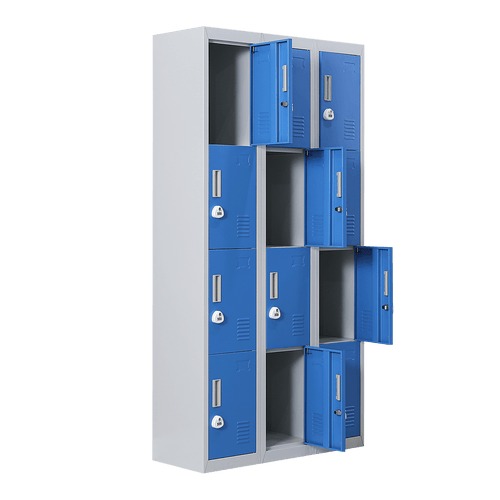 Grey with Blue Door 12-Door Locker for Office Gym Shed School Home Storage - 3-Digit Combination Lock