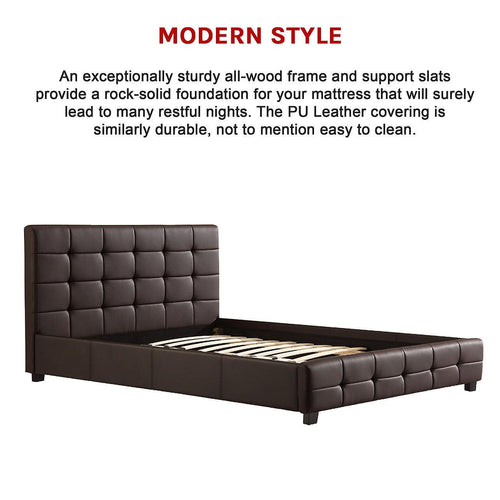 Queen Brown PU Leather Deluxe Bed Frame