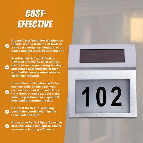 Solar Powered House Number LED Light Stainless Steel Address Signs Plaques