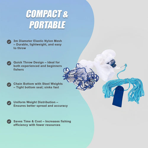 3m Nylon Fishing Cast Net – Quick Throw Mesh with Chain Weights & Drawstring for Easy Casting