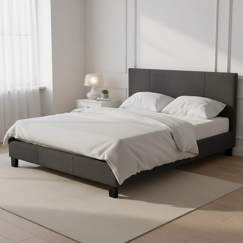 Double Size Bed Frame with Headboard – Grey Linen Fabric