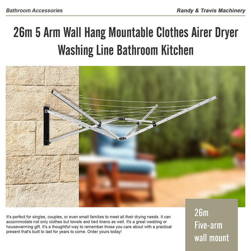 26m 5 Arm Wall Hang Mountable Clothes Airer Dryer Washing Line Bathroom Kitchen