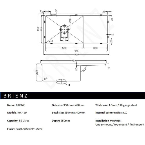 950x450mm Stainless Steel Handmade 1.5mm Sink with Waste in Stainless Steel with brushed finish Finish