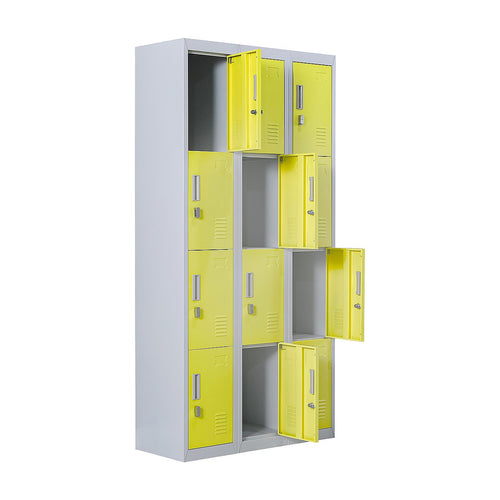 12-Door Steel Locker – Grey with Yellow Door, Padlock-operated