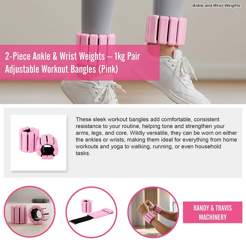 2-Piece Ankle & Wrist Weights – 1kg Pair Adjustable Workout Bangles Pink for Fitness Training