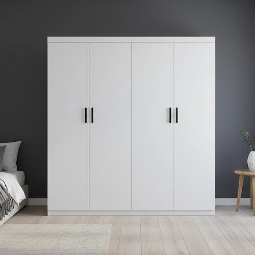 4 Door White Wardrobe Cabinet – Hanging Rail, Shelves & Black Handles