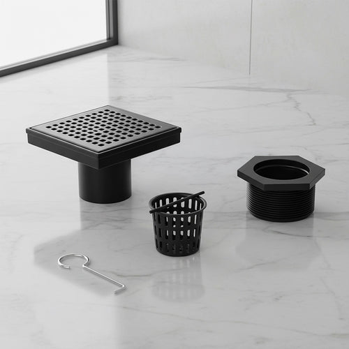 15 x 15cm Square Shower Drain with Grid Pattern Grate – Matte Black Stainless Steel