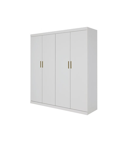 4 Door White Wardrobe Cabinet – Hanging Rail, Shelves & Gold Handles
