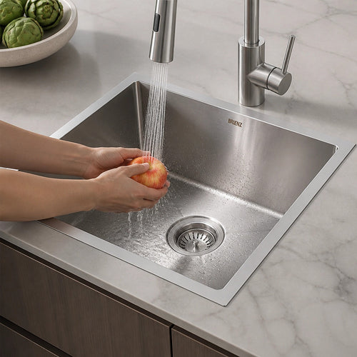 510x450mm Handmade 1.5mm Stainless Steel Sink – Undermount/Topmount with Waste & Stainless Steel with brushed finish Look