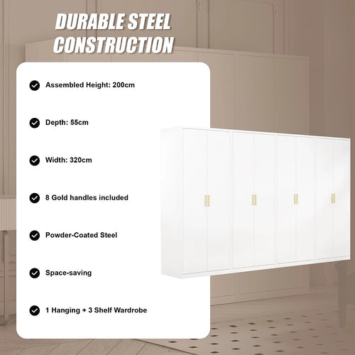 320x200cm 8-Door White Steel 1 Hanging and 3 Shelf Wardrobe with Gold Handle Storage Cabinet