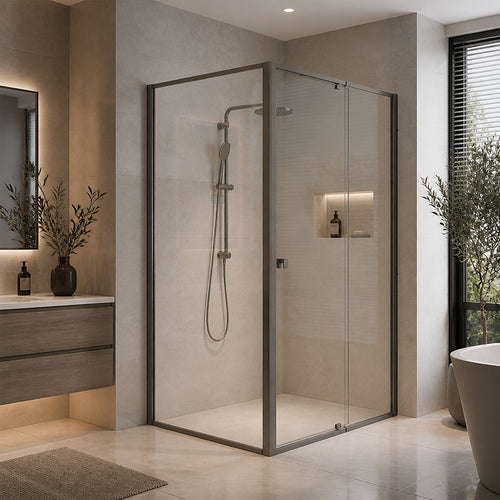 Semi-Frameless Shower Screen – Gunmetal, Front: (82~90)x195cm, Side: (77~80)x195cm