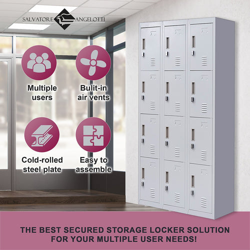 12-Door Locker – Grey with Padlock-operated | Secure Storage for Office, Gym or School Use