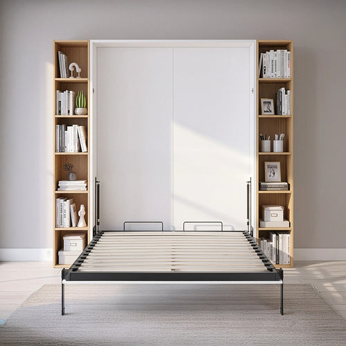 Double Wall Bed in White Gloss – Space Saving Murphy Bed Kit with Gold Door Handle