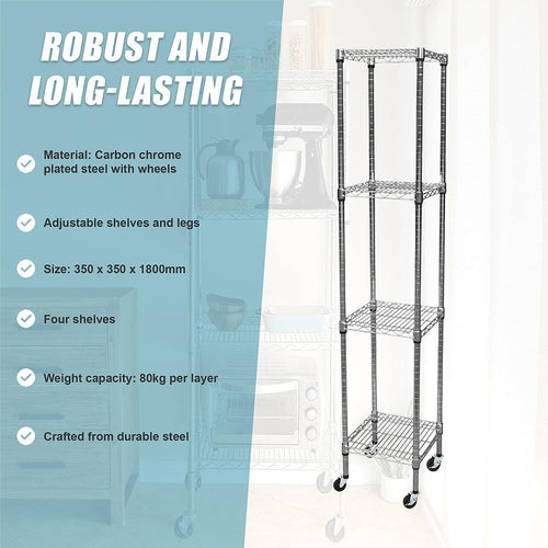 Modular Wire Storage Shelf 350 x 350 x 1800mm Steel Shelving - Carbon Chrome Plated with Wheels