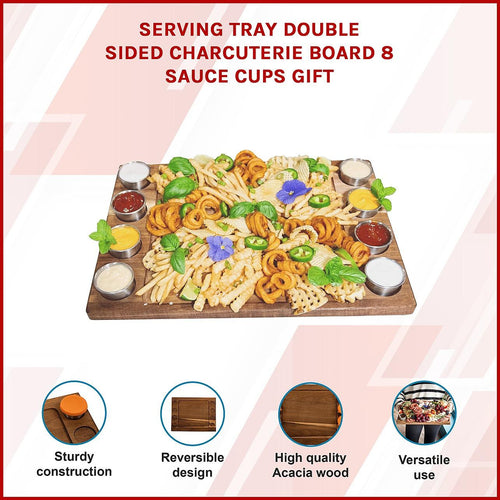 Serving Tray Double Sided Charcuterie Board  8 Sauce Cups Gift  