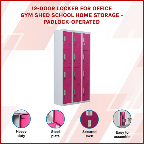 12-Door Locker – Grey with Pink Door with Padlock-operated | Secure Storage for Office, Gym or School Use
