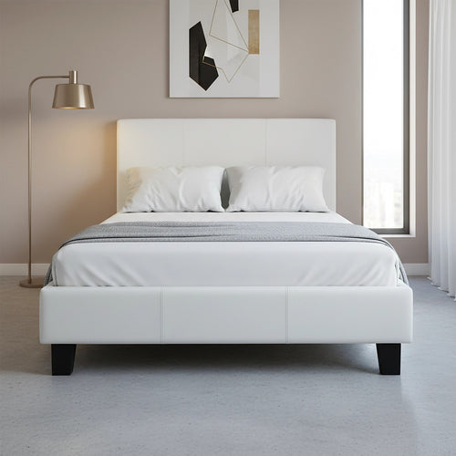 King Single Size Bed Frame with Headboard – White PU Leather