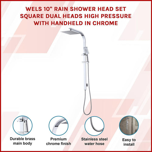 WELS 10" Chrome Rain Shower Head Set Square Dual Heads High Pressure with Handheld