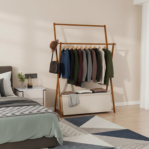 100x155cm Freestanding Clothes Rail Garment Rack in Dark Wood with Storage Shelf – Stylish, Space-Efficient Organiser