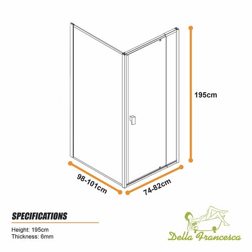 Semi-Frameless Shower Screen – Dust Brown, Front: (74~82)x195cm, Side: (98~101)x195cm