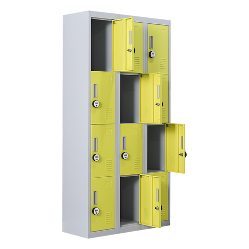 12-Door Locker – Grey with Yellow Door with 4-Digit Combination Lock | Secure Storage for Office, Gym or School Use